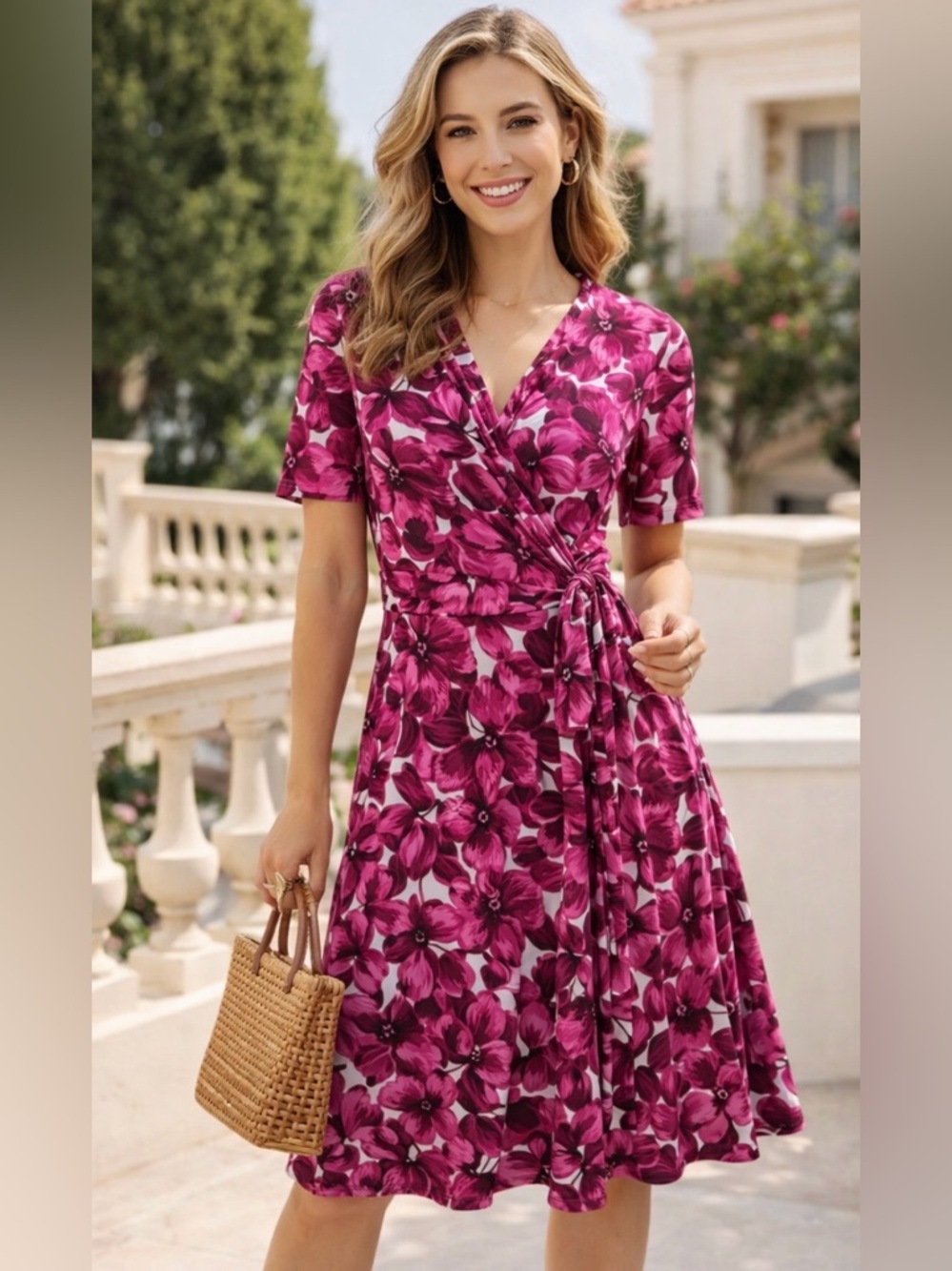 Julie Dillon NY Pink Floral Faux Wrap Dress Stretch Wedding Guest Summer Size 10